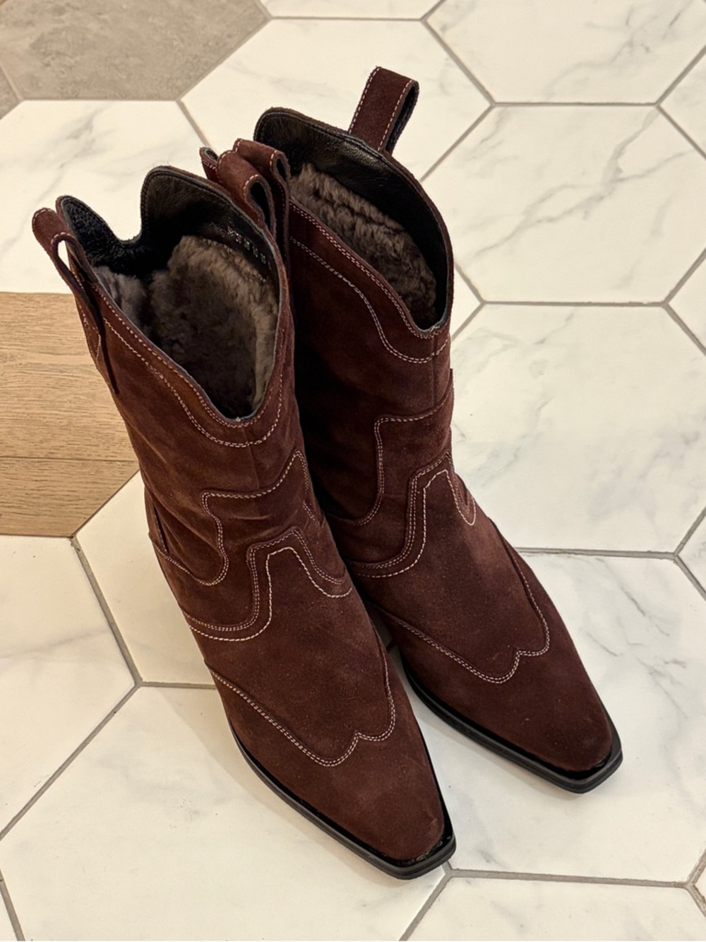 Women’s Brown Suede shearling Western Boots - Picture 1 of 6